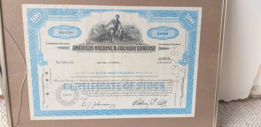A LOVELY SHARE CERTIFICATE OF 100 SHARES IN  " AMERICAN MACHINE & FOUNDRY COMPANY " SEE BELOW